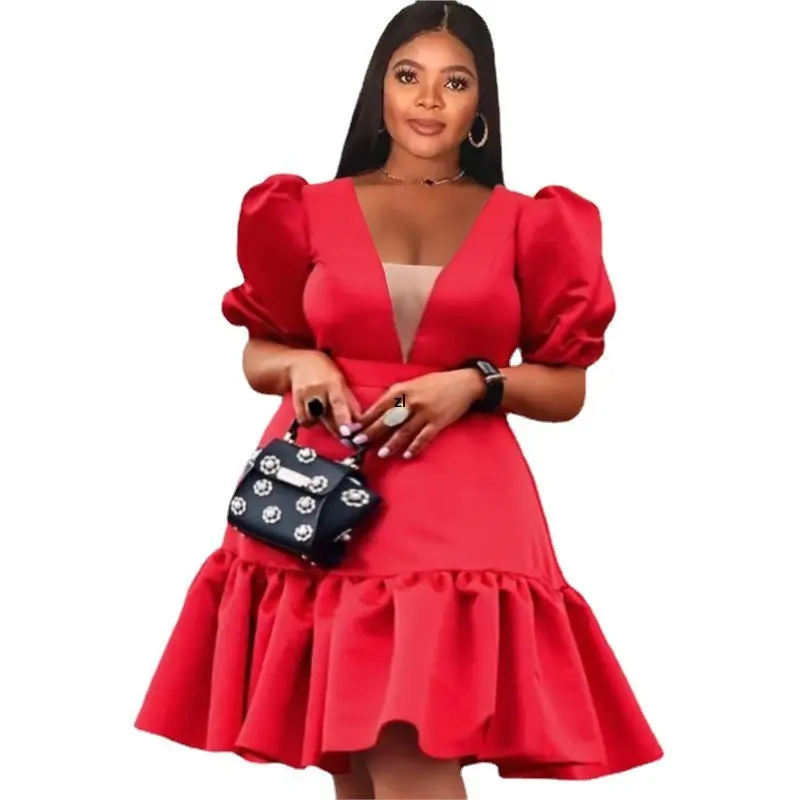 

Red Elegant Party Dress Africaine Clothes Spring Fashion V Neck See Through Puff Sleeves A-Line Dress African Dresses For Women