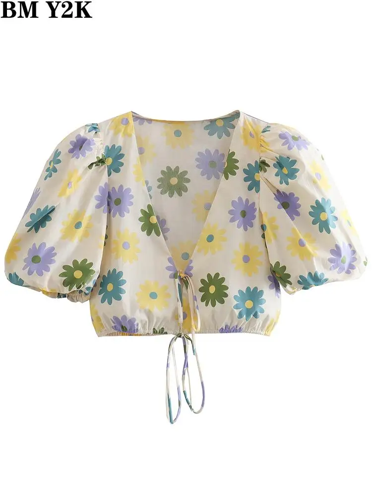 

BM Y2K Women 2022 fashion with tied floral print poplin crop blouses vintage v neck puff sleeve female shirts blusas chic tops