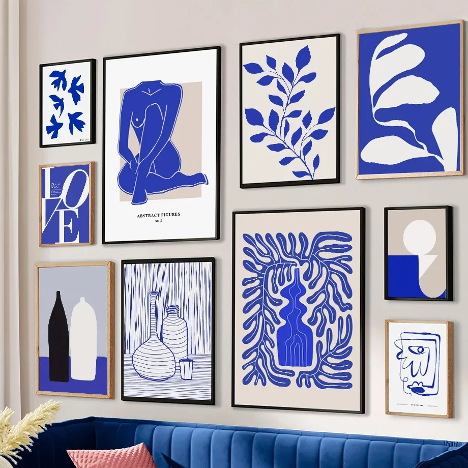 Синий современный минимализм абстрактная линия для девушек искусство стен в