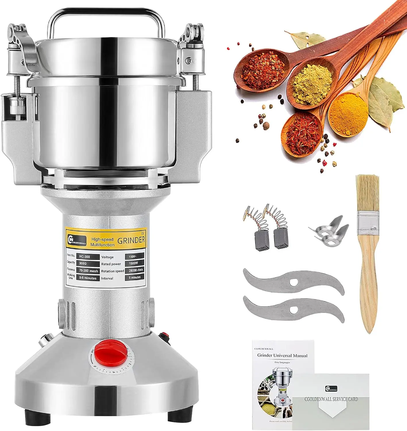 

CGOLDENWALL 300g Electric Grain Mill Grinder Safety Upgraded Spice Grinder Pulverizer Stainless Steel Machine for Dry Spices Her