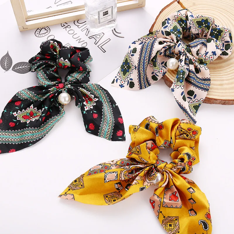 

Korea Single Pearl Large Intestine Big BowKnot Elastic Hair Bands Women Girls Ponytail Holder Ties Rope Accessories