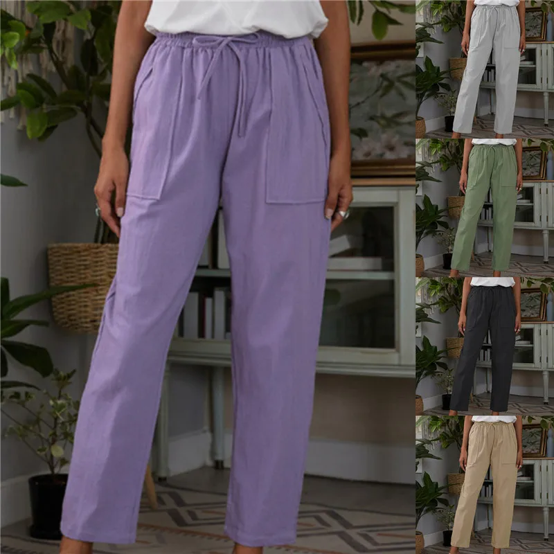 

Женские повседневные длинные брюки до щиколотки в стиле Харадзюку, большие однотонные брюки из хлопка и льна с эластичным поясом, черные брюки, лето-осень 2023