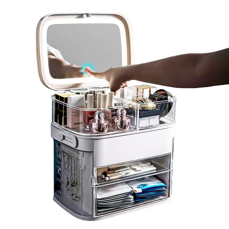 Multifunctional USB Rechargeable Makeup Storage Box Portable Cosmetic Organizer Make Up Storage Box with LED light Mirror