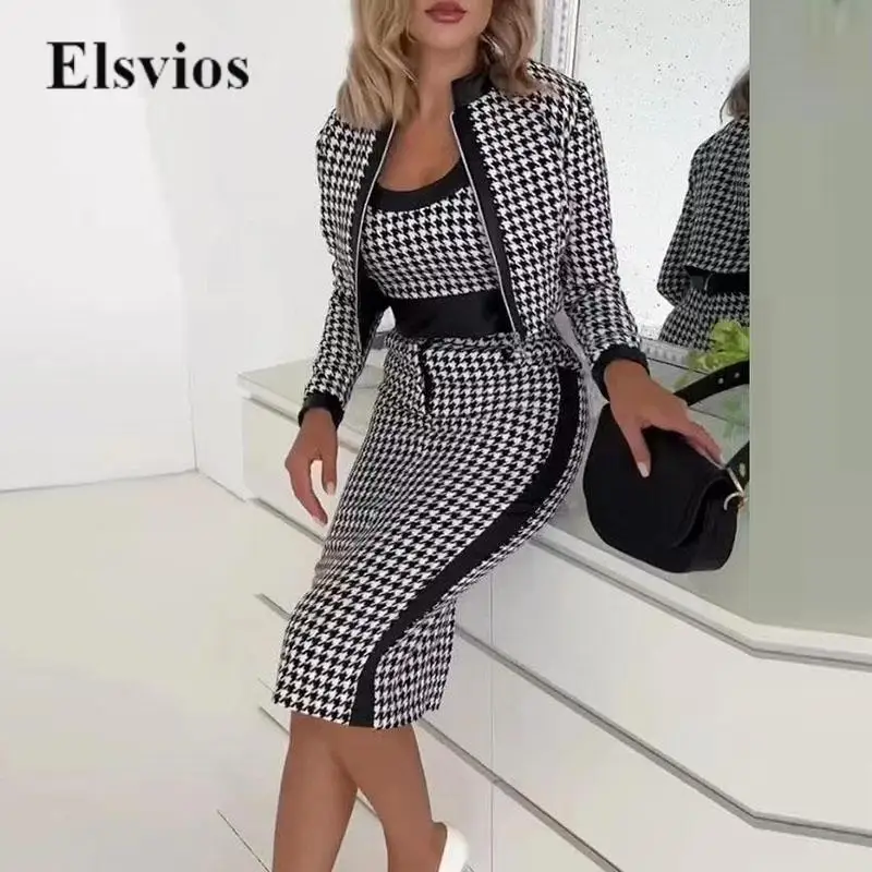 

Женский офисный комплект в стиле ретро, клетчатый комплект из жилета с рисунком «гусиные лапки», пиджака с длинным рукавом и юбки с запахом, Модный повседневный комплект для женщин