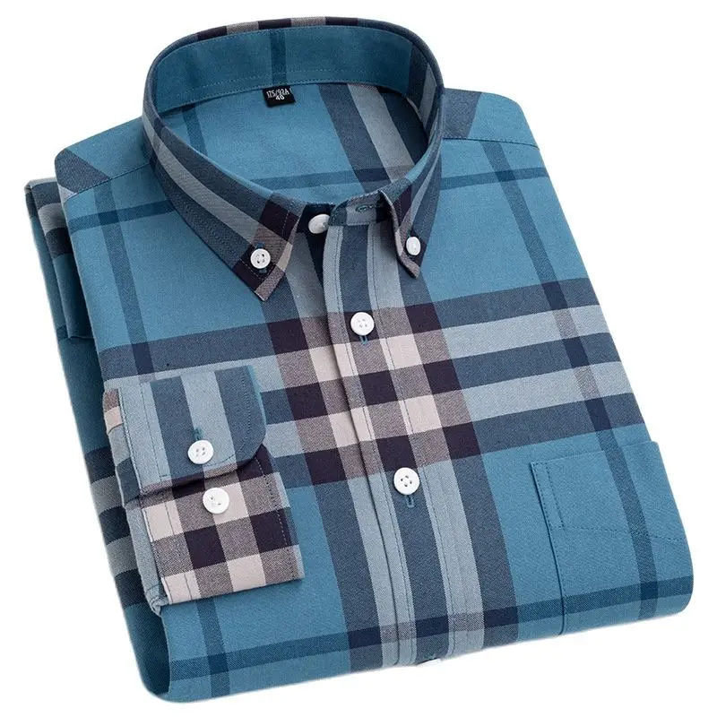 Parklees 100% Cotton Oxford Men Shirt 2022 New Green Plaid Breathable Regular Fit Shirt Business Casual Button Down Formal Shirt