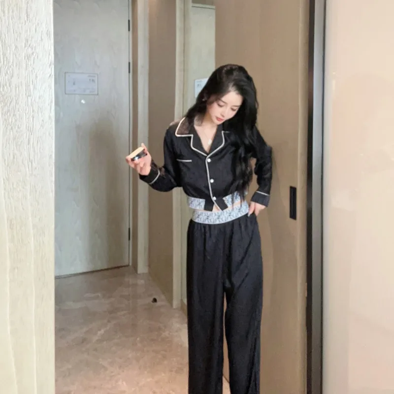 Осень 2024 ледяной шелк с длинным рукавом и пупком повседневный модный домашний