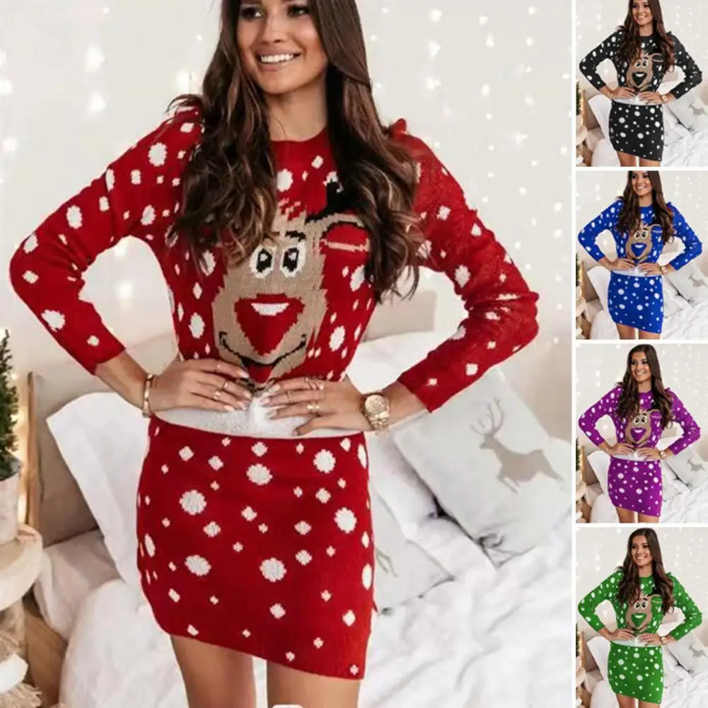 

Christmas Women's Dresses 2022 Autumn Long Sleeve Fashion Snowflake Elk Print Casual O-Neck Daily Skinny Mini Dress