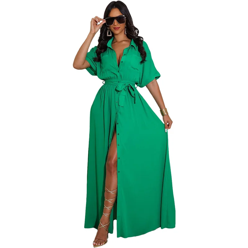 

Casual Loose Straight Summer Dress Women Elegant Korean Fashion Short Sleeve Button Shirt Dress Pockets Maxi Long Dress Sundress
