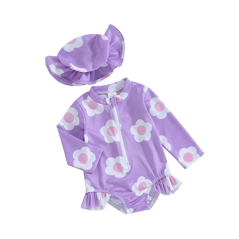 Комбинезон для маленьких девочек купальник со шляпой цветочным принтом длинными