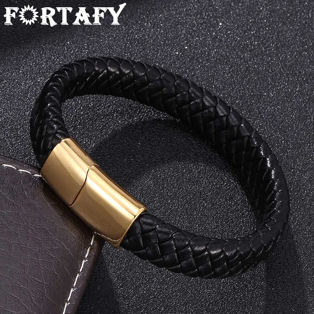 

FORTAFY Jewelry Men Black Braided Leather Bracelet Male Stainless Steel Wristband Magnetic Clasps Bangles Boyfriend Gift FR0229