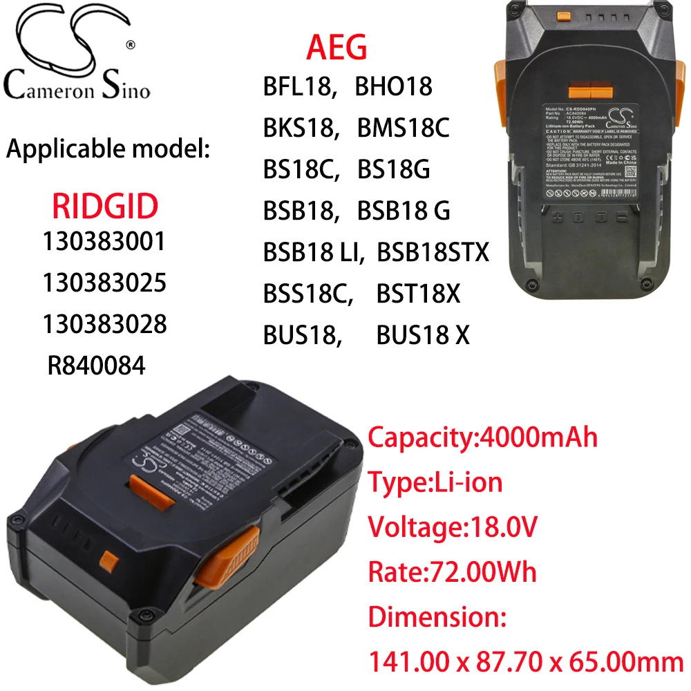 

Cameron Sino Lithium Ion Battery 4000mAh 18V for RIDGID 130383001,130383025,130383028,R840084 Electric Screwdriver Power Supply