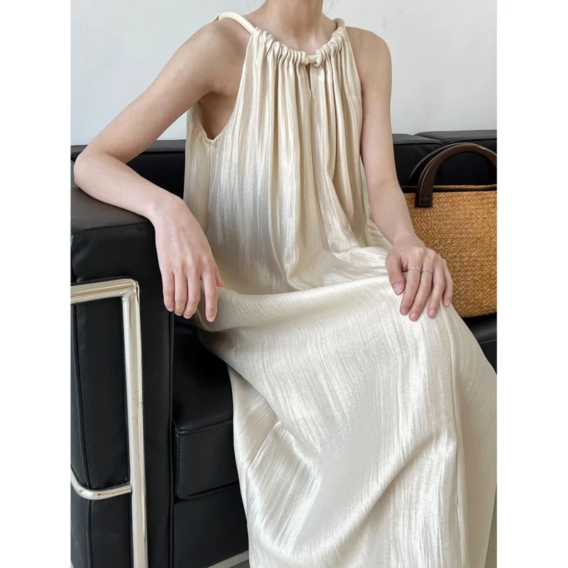 

Summer Halter Neck Sleeveless Women Dress Off Shoulder Loose Straight Pocket Casual Solid Color Pearl Silk Dresses