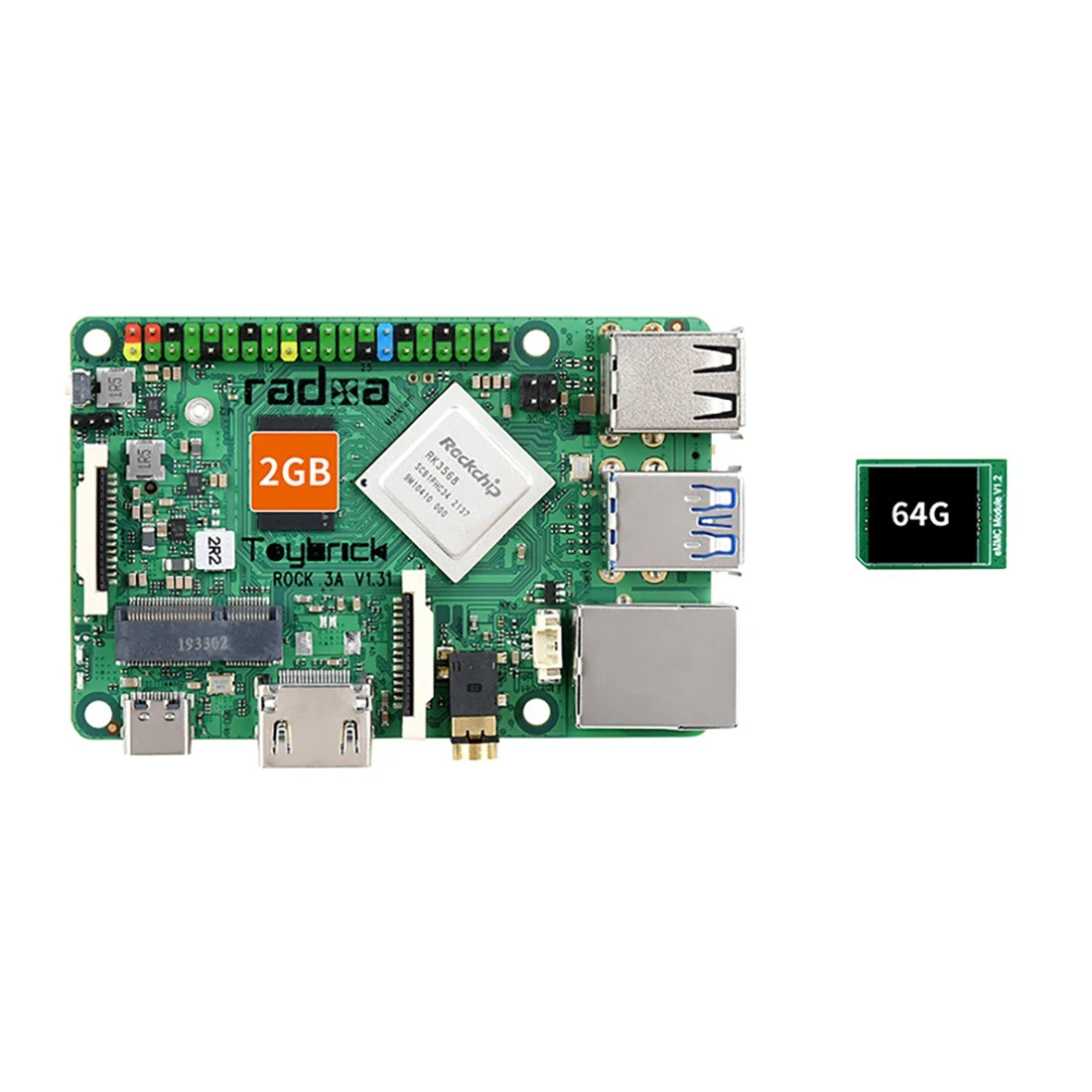 ROCK3 Model a Card Computer SBC Motherboard Module Based on RK3568 Cortex-A55 2GB RAM Development Board with 64GB EMMC