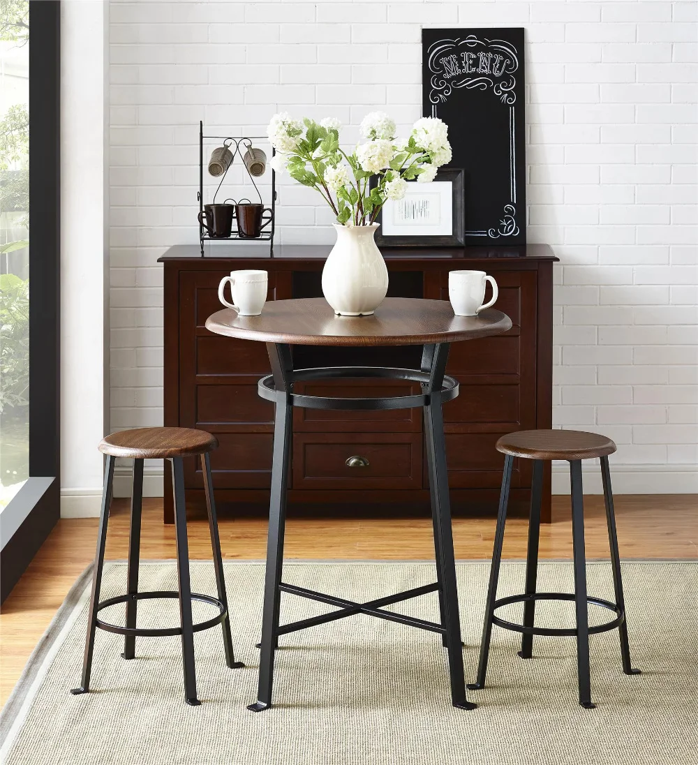 

Mainstays Round 3-Piece Metal Pub Set with Wooden Top, Dark Mahogany dinner table modern dining table and chairs set