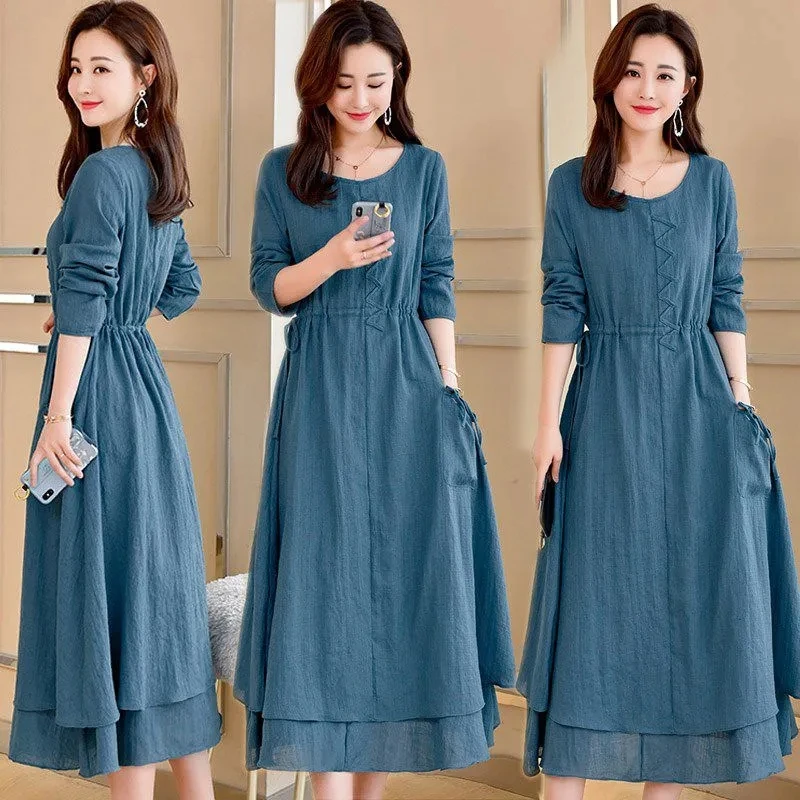 

Long Dresses For Women 2022 Autumn Vintage Solid Casual Cotton Linen Dress Ladies Elegant Loose Lacing Pocket Vestido Feminino