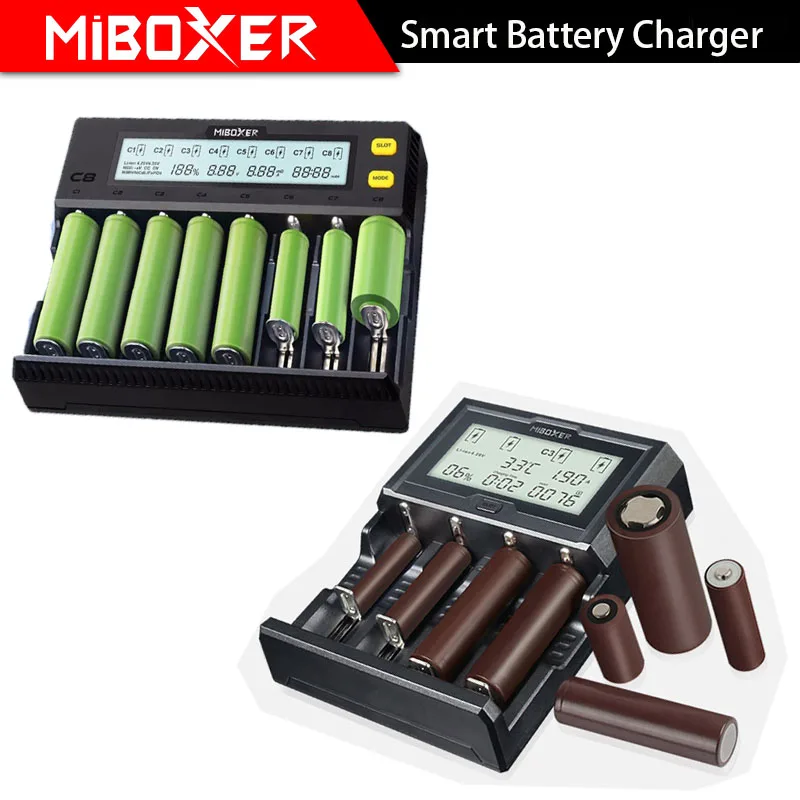 

MiBOXER C8 18650 Battery Charger 1.5A for Li-ion LiFePO4 Ni-MH Ni-Cd AA 21700 C4-12 4 Slots LCD Screen Smart Battery Charger