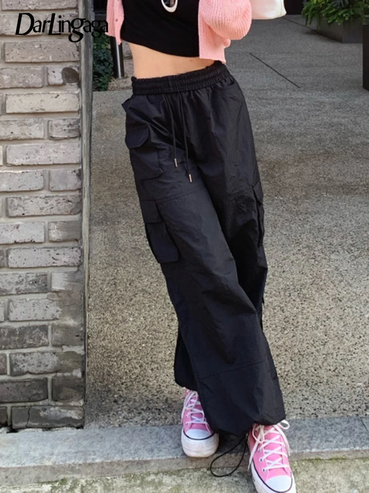 

Darlingaga y2k Streetwear Drawstring Cargo Style Baggy Trousers Women Pockets Solid Techwear Parachute Pants Sweatpants Outfits