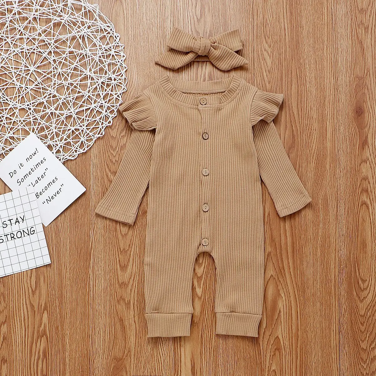 

Girls Knitted Solid Jumpsuit Autumn Baby Clothes Boys Long Sleeve Rompers Headband Kids Outfits Girl 2PCS Set Newborn Rompers