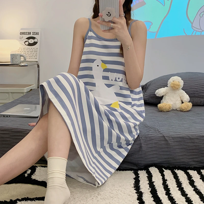 CAIYIER Korean Women Nightdress Summer Sling Sleeveless Sleepdress Cute Cartoon Stripe Print Female Nightgowns Casual Home Dress