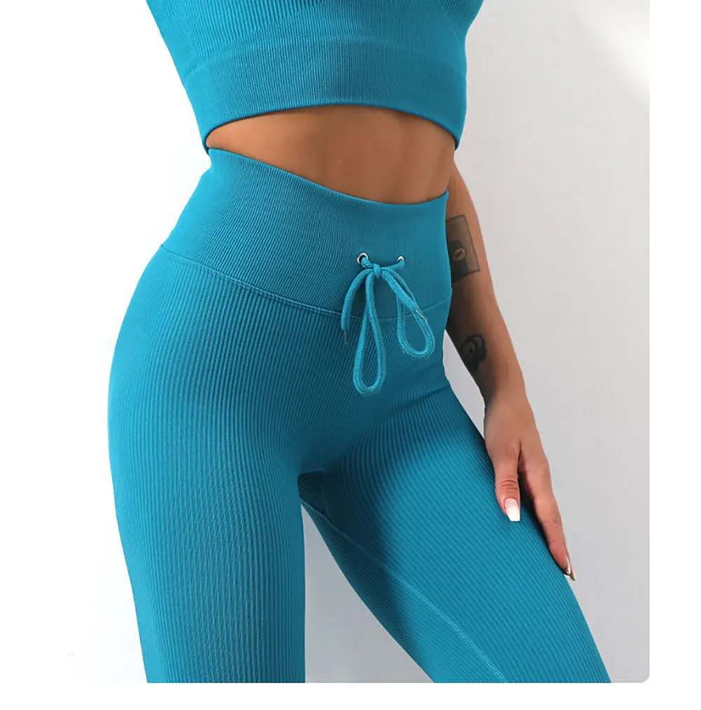 

Бесшовные женские леггинсы в рубчик, штаны для йоги на завязках для тренажерного зала, штаны с высокой талией, леггинсы с ягодицами, спортив...
