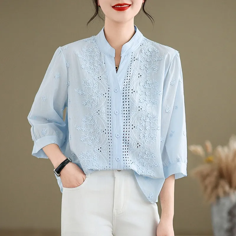 Женская ажурная рубашка с коротким рукавом Повседневная однобортная хлопковая