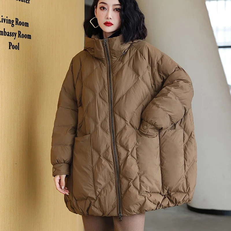 Women's winter down jackets Oversized Brown Pockets Hooded puffer jacket Casual Blue Long sleeve coat Ladies 2023 INKEO 2O338