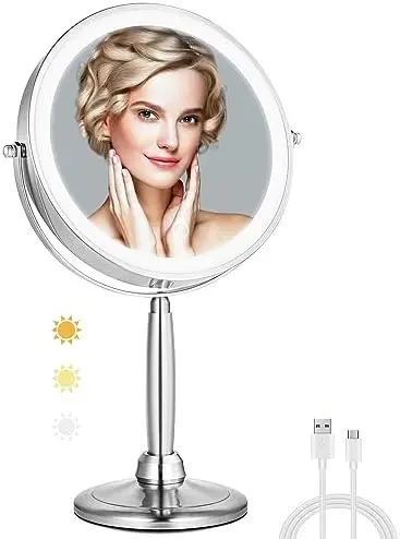 

9" Vanity Mirror with Lights, Large Lighted Makeup Mirror with 3 Color LED Dimmable Lights, Rechargeable 1X/10X Magnifying M