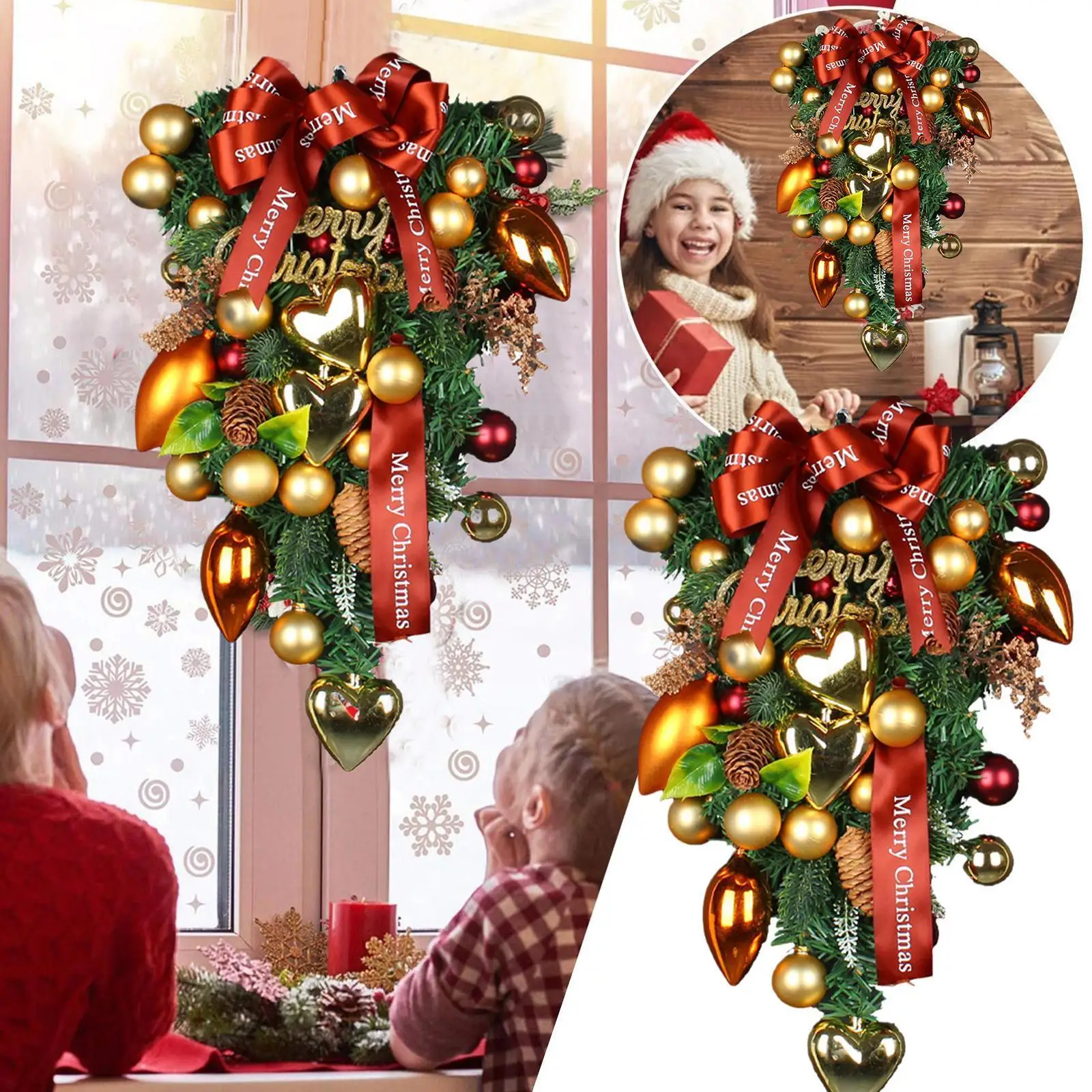 

Креативная Рождественская гирлянда в форме сердца с цветными шариками, дверь и окно, настенное украшение для нового года, Счастливого Рожде...