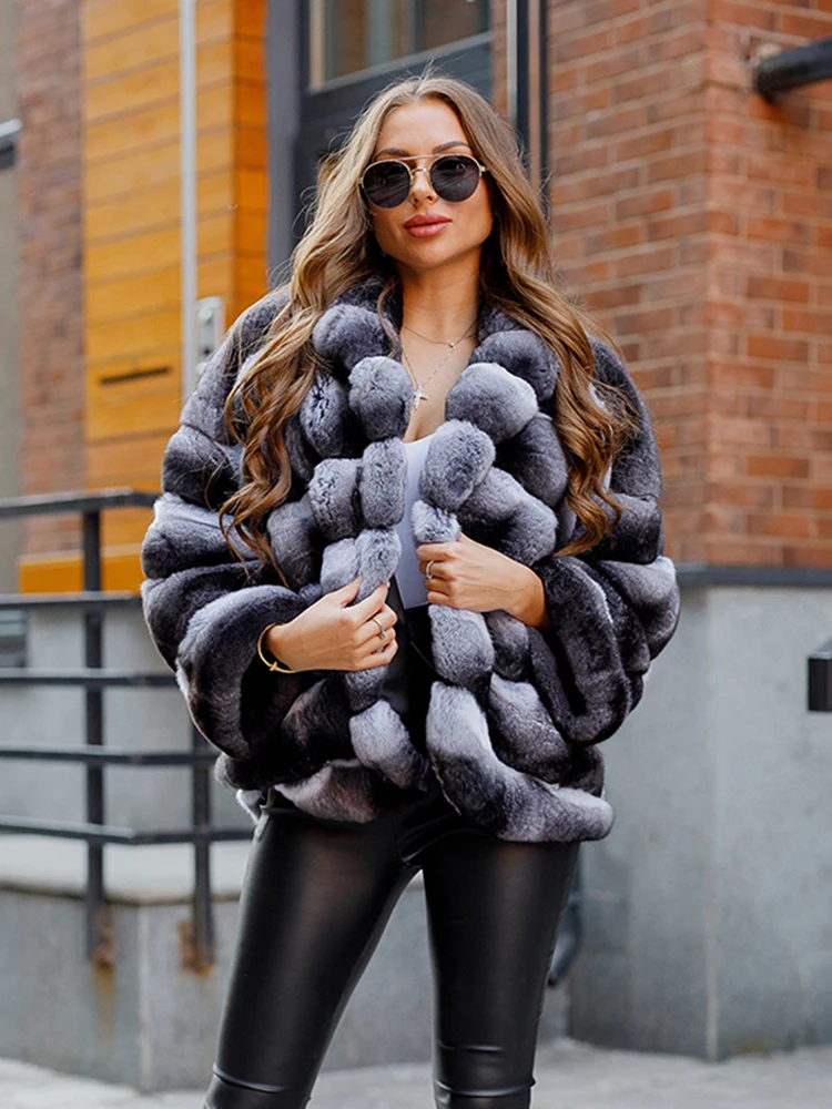 Natural Rex Rabbit Fur Jakcets Women Luxury Thicken Winter Outertwear Lapel Real Fur Strip Sewed Fashion Warm Coat Female
