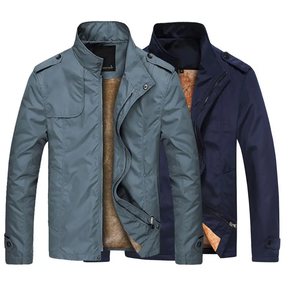 

Popular Men Jacket Windproof Two Pockets Cardigan Plush Lining Stand Collar Jacket