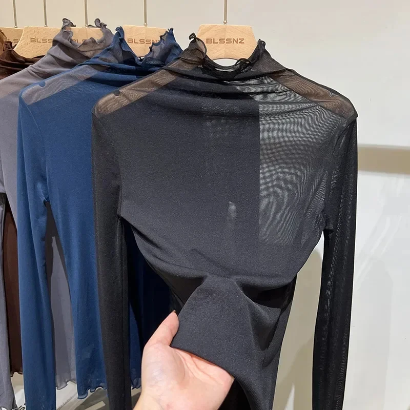 Женская черная сетчатая блузка с длинными рукавами