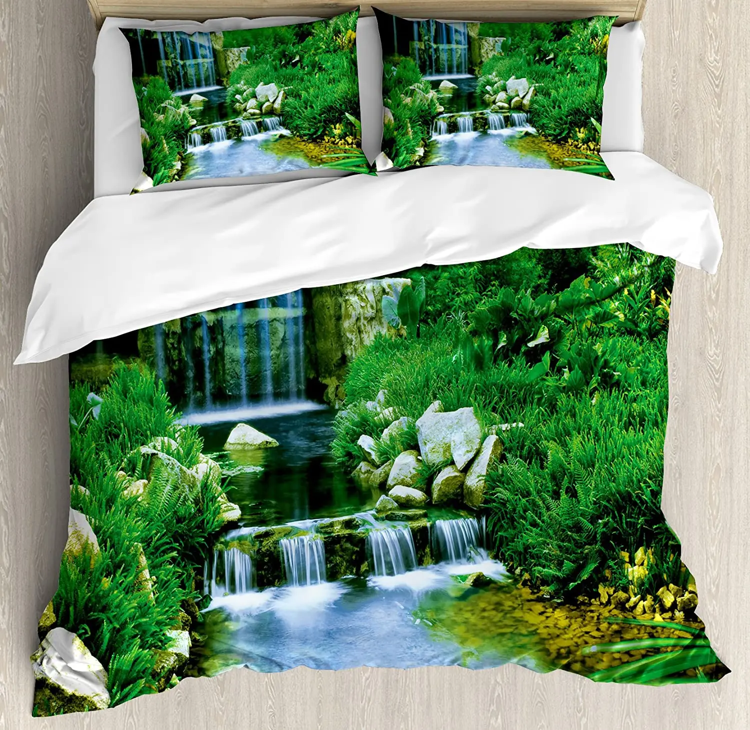 

Nature Bedding Set For Home Double Bed Waterfall Flowing down the Rocks Foliage Cascade in Forest Valley Image Duvet Cover Set