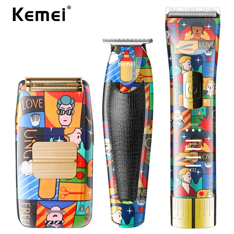 Kemei Hair Clipper Cordless Hair Clipper Men Hair Clipper Kit Electric Shaver Finish Shaver Cartoon Orange Doodle Body