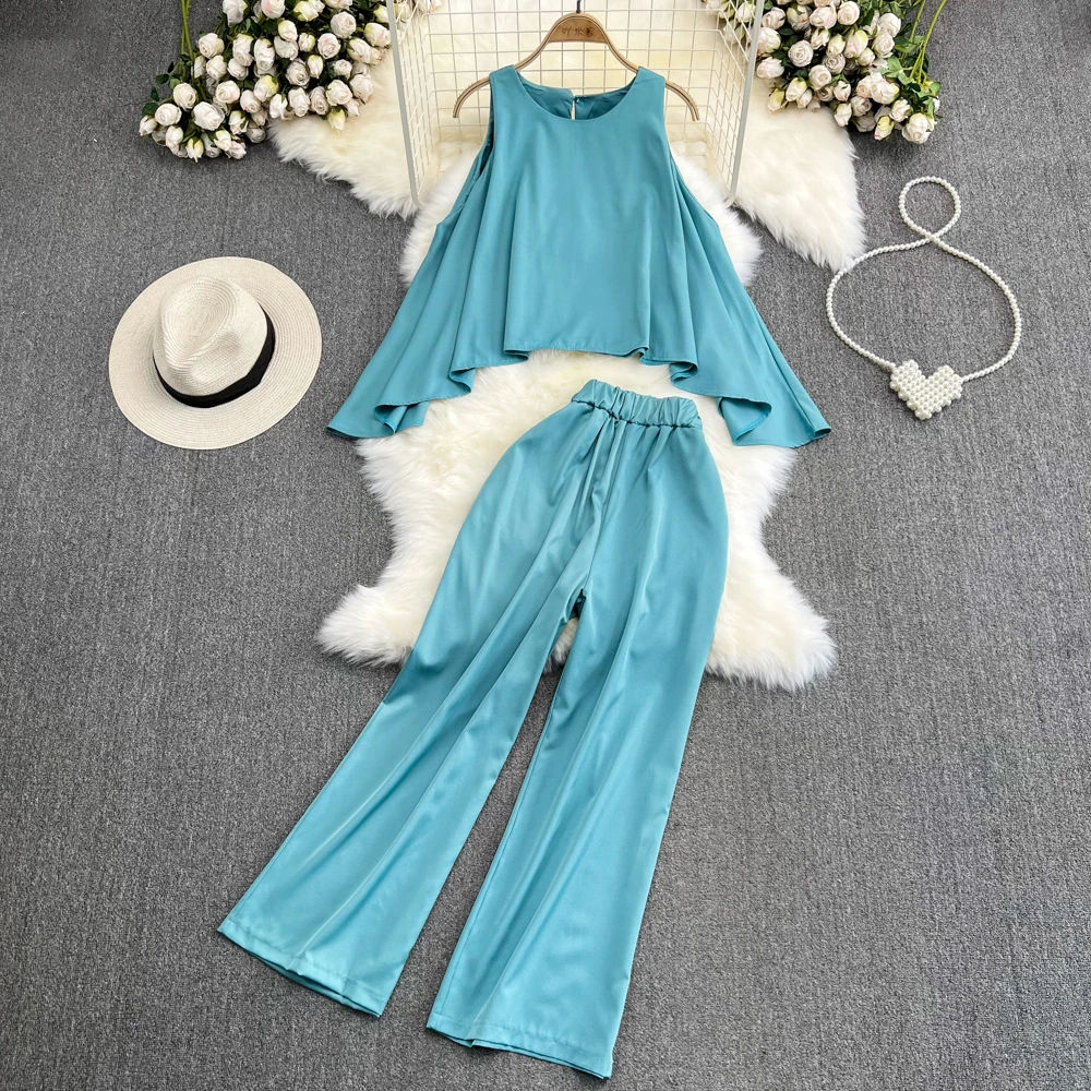 

Elegant Women Casual Loose Summer Pantsuit Sleeveless Crop Tops Wide-Leg Trousers 2 Pieces Female Fashion Vintage Tracksuit