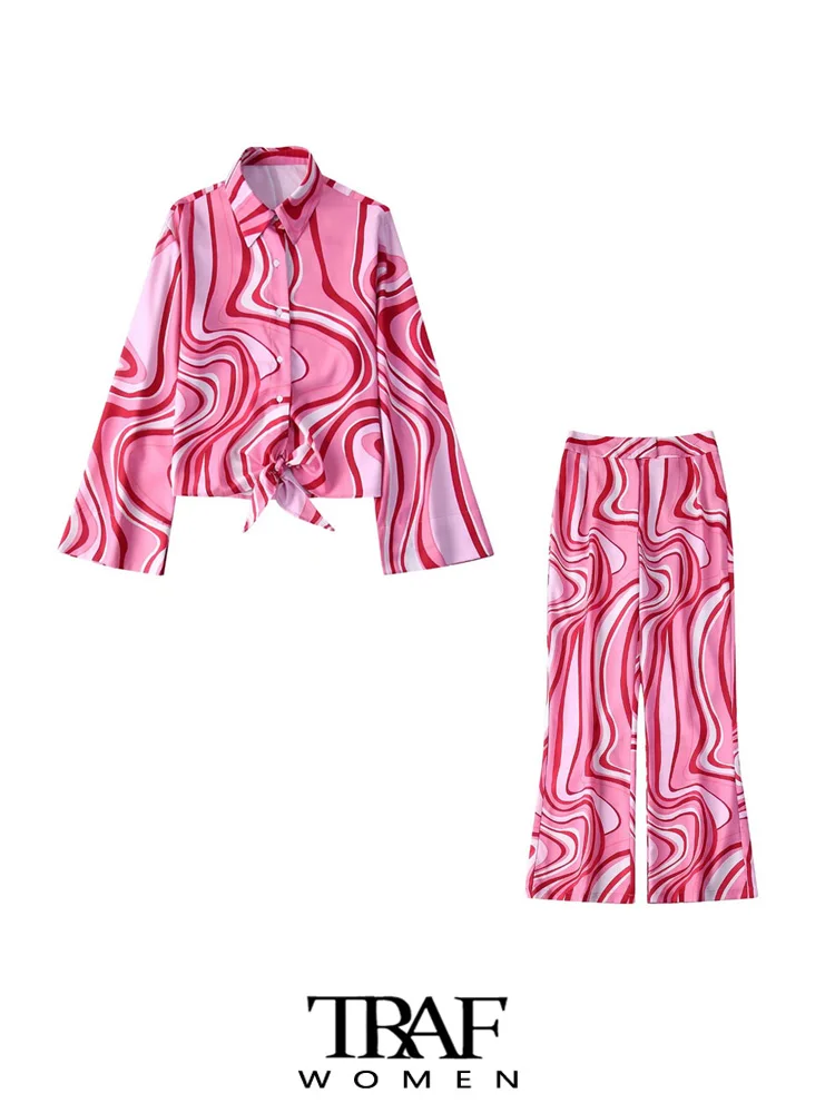 

TRAF Women Fashion With Bow Tied Printed Blouses And High Waist Zipper Fly Ankle-Length Pants Female Two Piece Sets Mujer