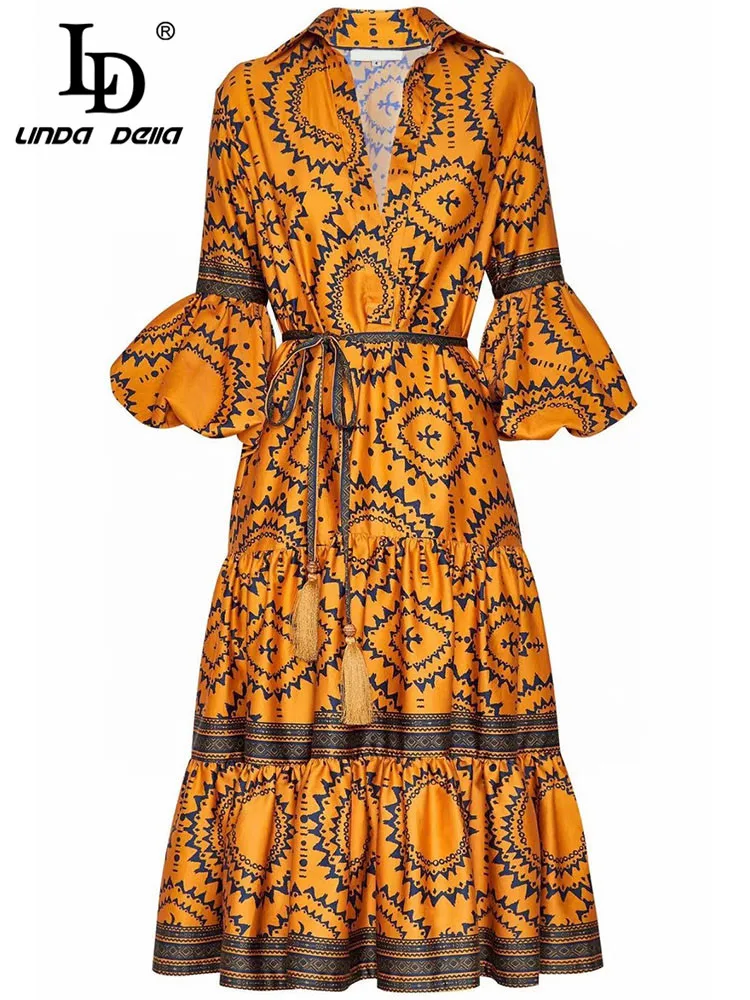 LD LINDA DELLA 2023 New Designer Spring Cotton Dress Women V-neck Lantern Sleeve Belted Printed Loose Vintage Midi Dresses