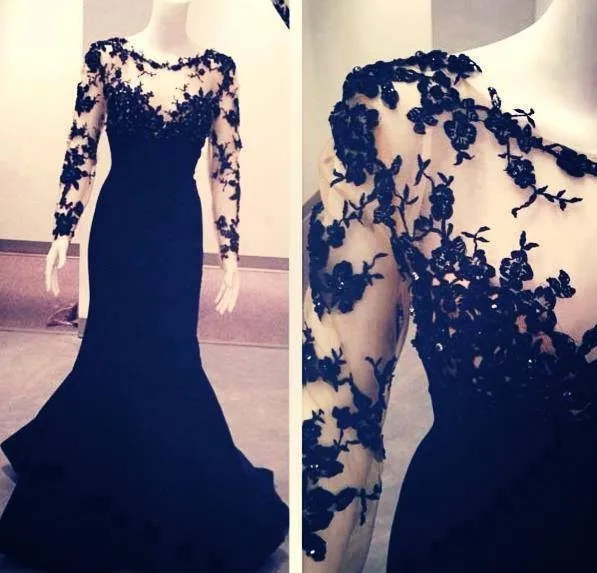 

Sheer Appliques Prom Gown Scoop Full Sleeve See Through Dress Mermaid Formal Evening Dresses 2015