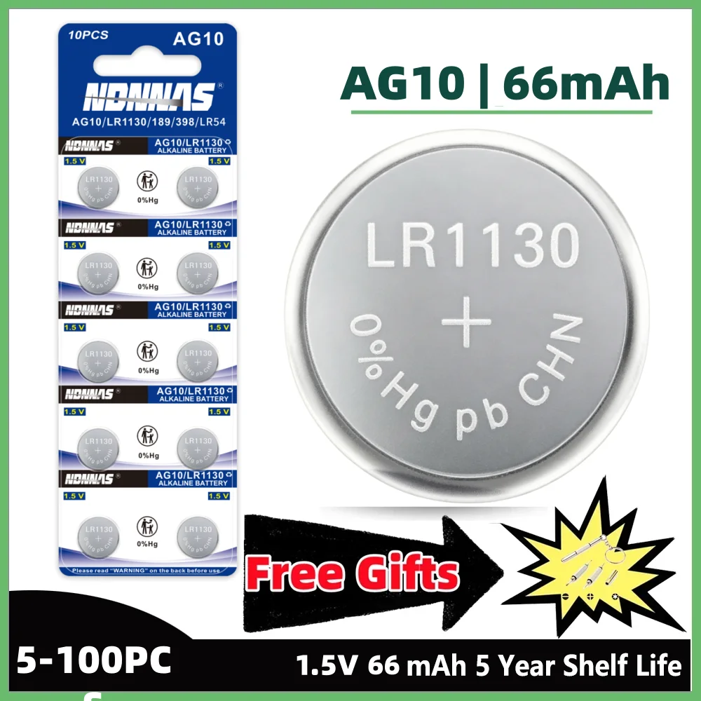 Фото 5-100 шт. AG10 LR1130 SR1130SW 1.5V щелочные батарейки-таблетки, совместимые с часами, брелоками, пультами ДУ, электронными устройствами №1