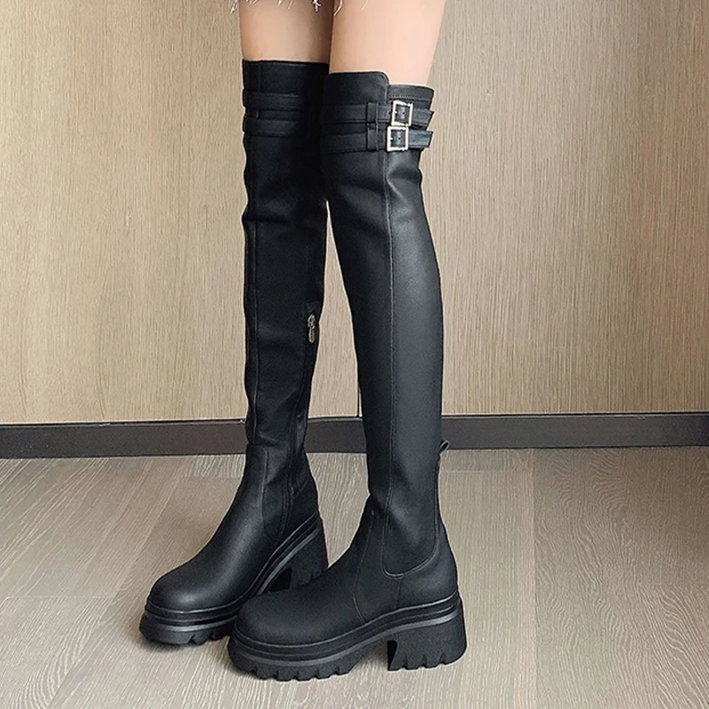 

Женские ботфорты на платформе, сапоги-Челси выше колена на среднем каблуке, с молнией, зимние дизайнерские удобные сапоги, 2024