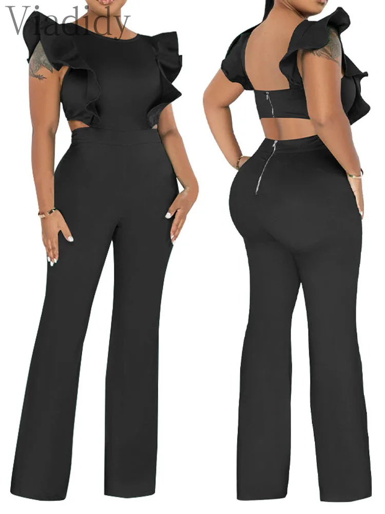 

Women Ruffles O-Neck Backless Zipper Design Straight Jumpsuit