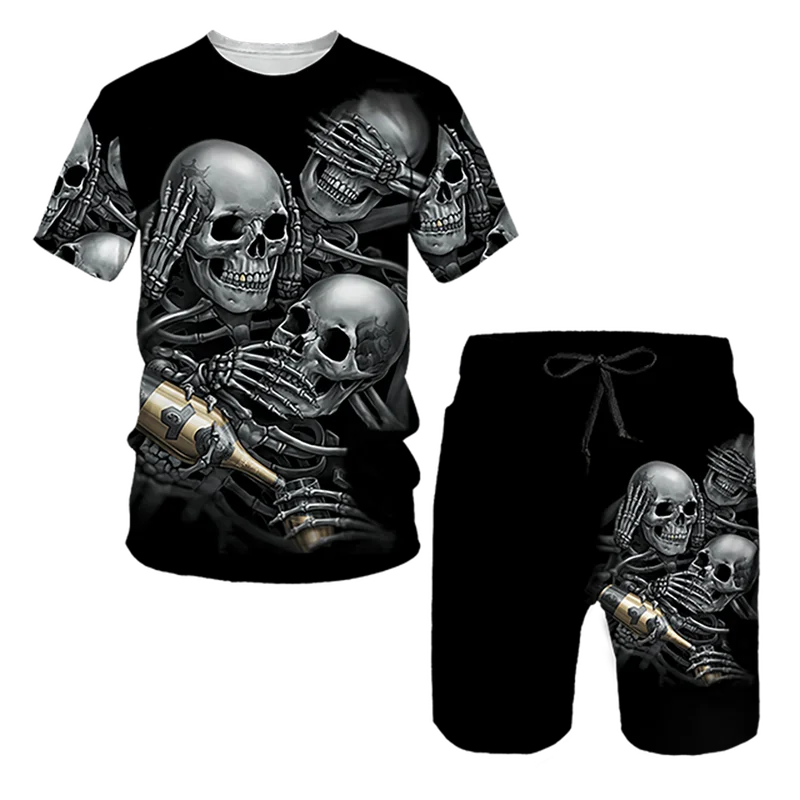 

Spring And Summer Men 2022 3D Skull Printing Men's Breathable Streetwear Fashion Skeleton T-Shirt Shorts Set Size XXS-6XL