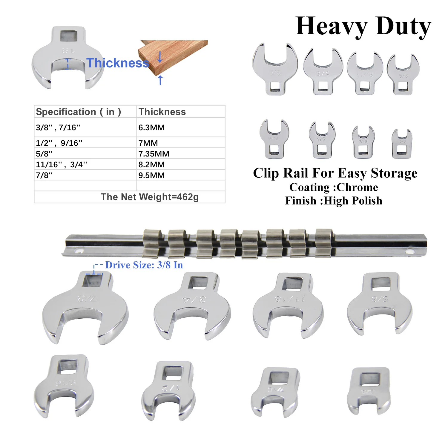 

3/8Inch Drive Metric Crowfoot Wrench Set 10mm 11mm 13mm 14mm 16mm 18mm 19mm 22mm Crows Feet Wrench Set Industrial Tool