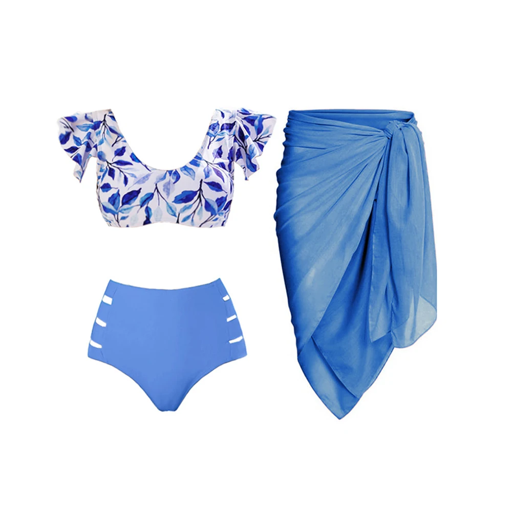 

Leaves Print Ruffle Bikini Set Round-Neck Women 's Swimsuit 2023 Low Waist Hollow Out Swimwear Chic Lace-Up Blue Thong Suits