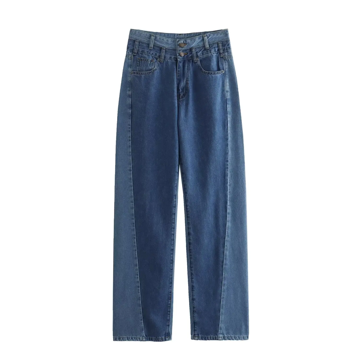 

Women 2023 New Chic Fashion Contrast color and high waist Waist Straight Jeans Vintage Zipper Pockets Female Denim Pants Mujer