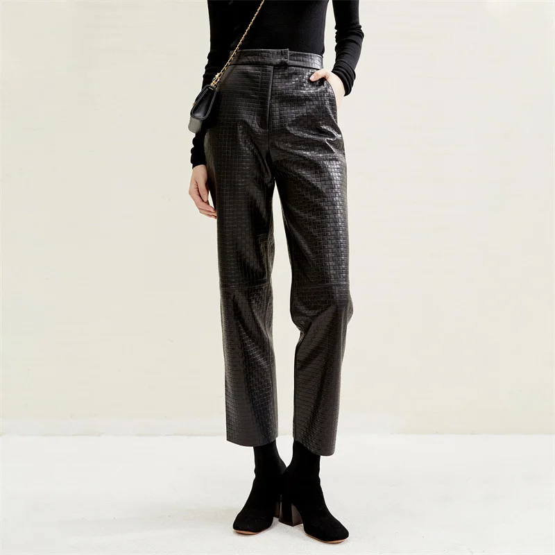 Women Luxury Sheepskin Leather Trouser Fashion Genuine Leather Long Pants High Waist Zipper Straight Pants TF5296