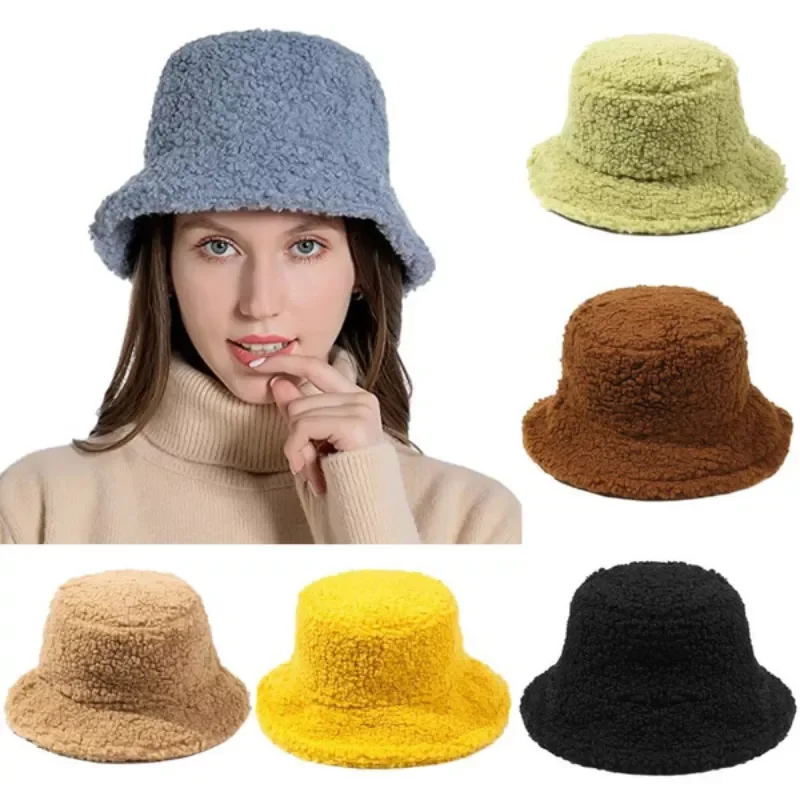 New Hats for Women Autumn Winter Bucket Hats Lamb Plush Soft Warm Fisherman Hat Panama Casual Caps Lady Flat Korean Style