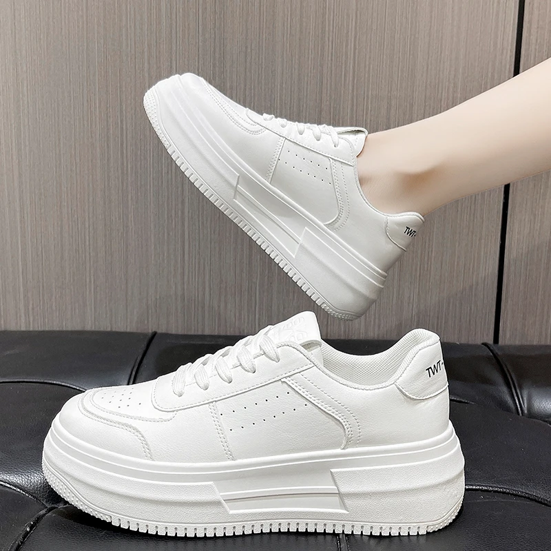 

Fashion Women Sneakers Leather Platform Shoes Spring Round Head Lightweight White Lace-up Women Casual Shoes