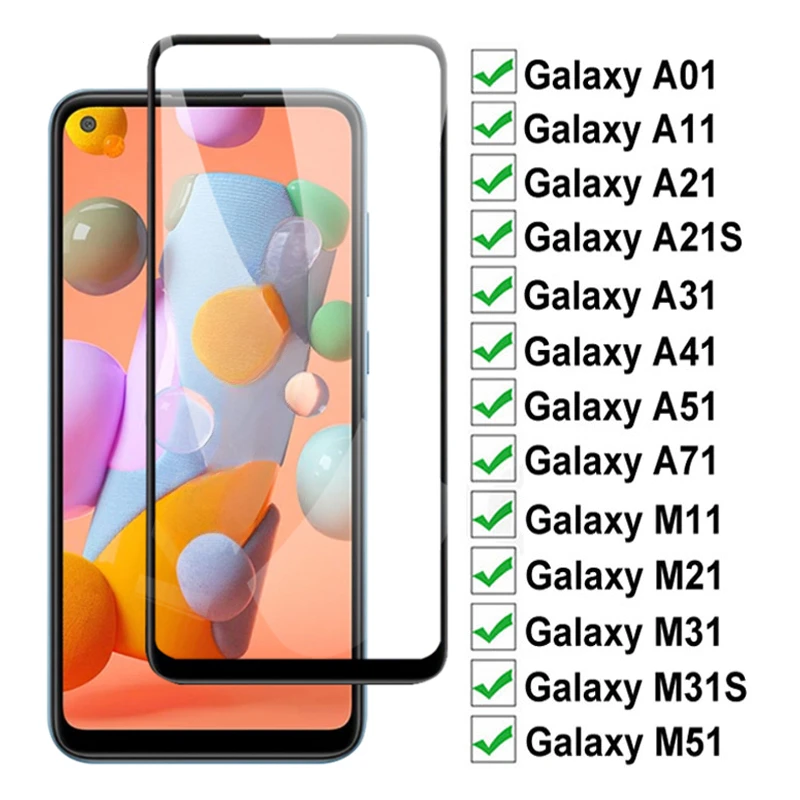 Закаленное стекло с полным покрытием для Samsung Galaxy A01, A11, A21, A31, A41, A51, A71, Защитное стекло для Samsung M11, M21, M31, M31S, M51, 2 шт.