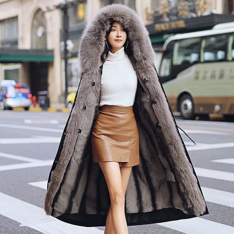 

2023 Winter New Parker Women's Detachable Fox Fur Collar Rex Rabbit Fur Inner Thick Long Faux Fur Coat Warm Snow Hooded Overcoat