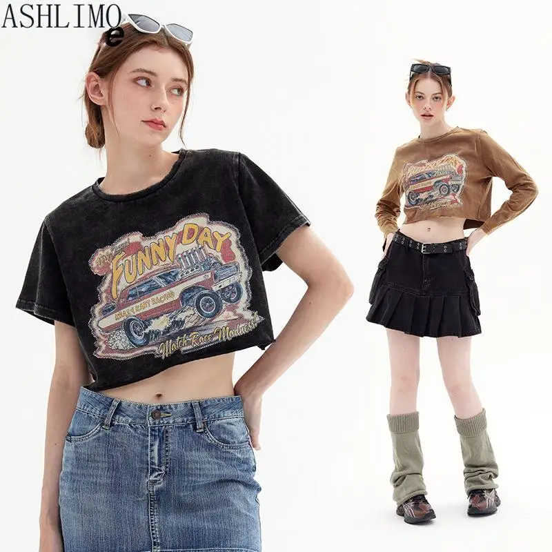 

ASHLIMO Retro Printed Short Sleeved T Shirt Crop Top Women Round Neck Positive Shoulder Loose Thin High-waisted Umbilical Tops